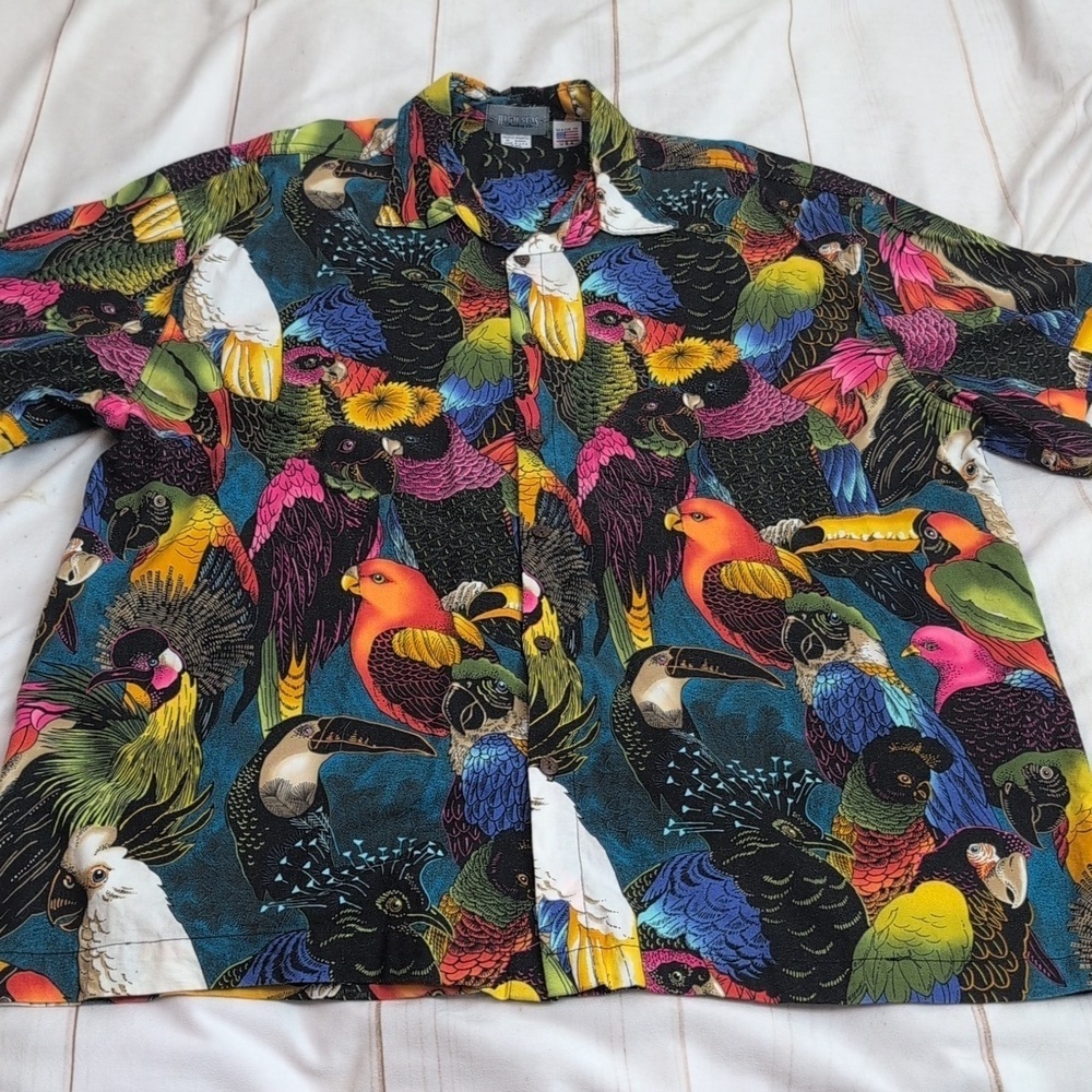 High Sea Exotic Birds and Parrot Mens Hawaiian Shirt size XXL Coconut Buttons